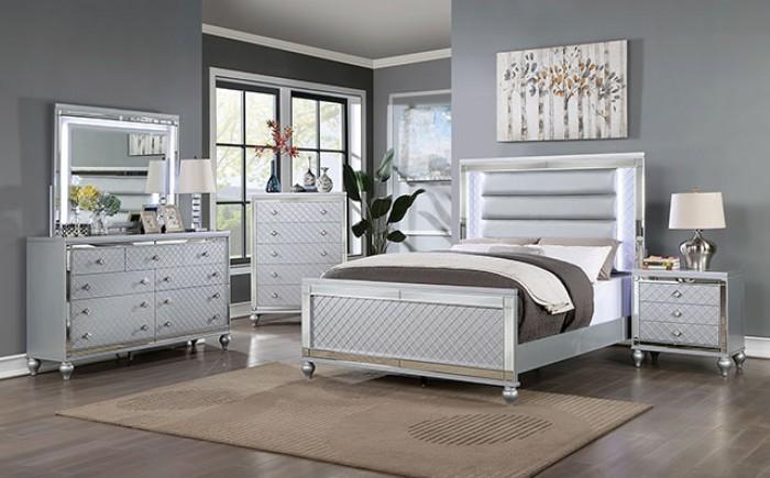 Contemporary Panel Bedroom Set Calandria King Panel Bedroom Set 3PCS CM7320SV-EK-3PCS CM7320SV-EK-3PCS in Silver Leatherette