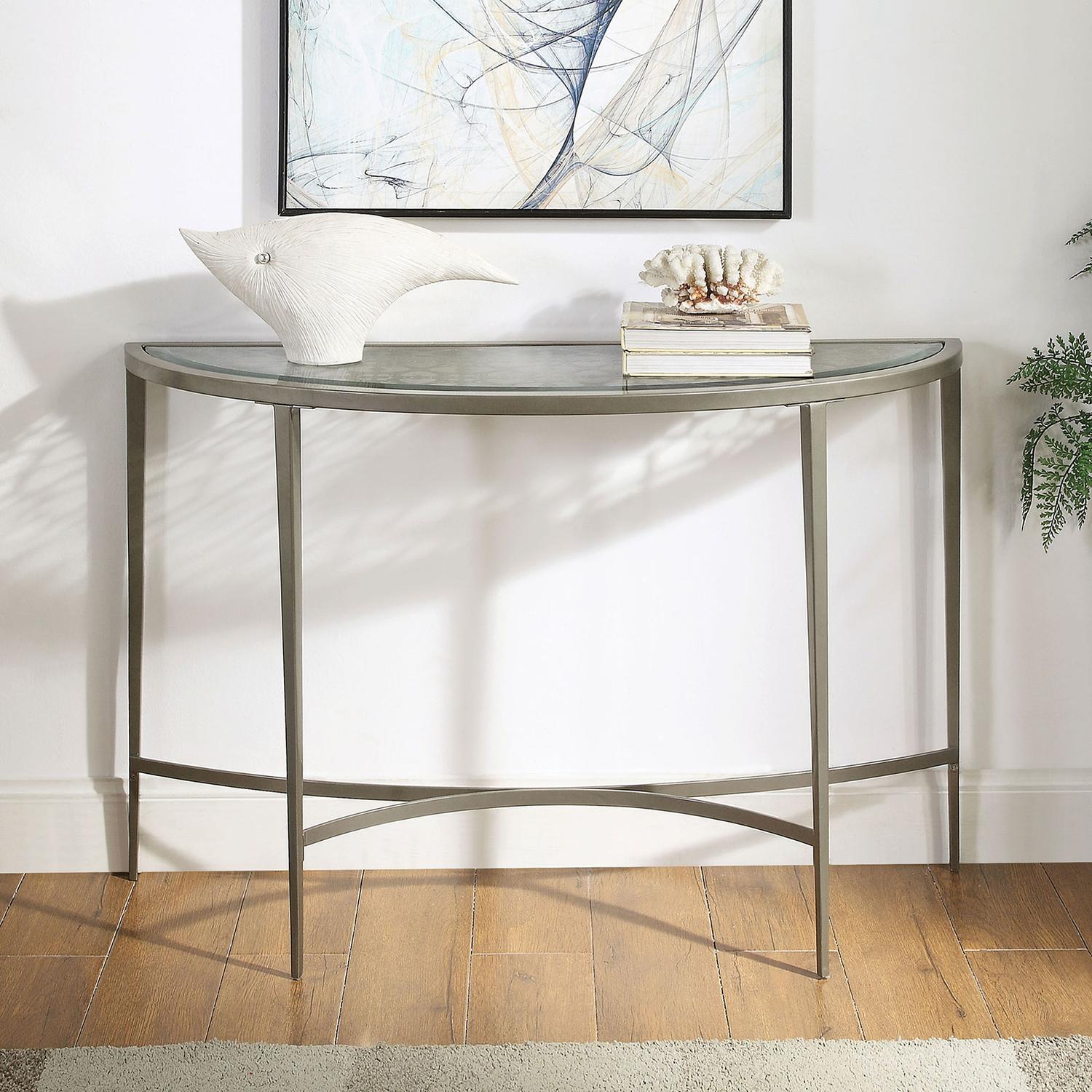 

    
Contemporary Silver Tempered Glass Sofa Table Furniture of America FOA4743S Freja
