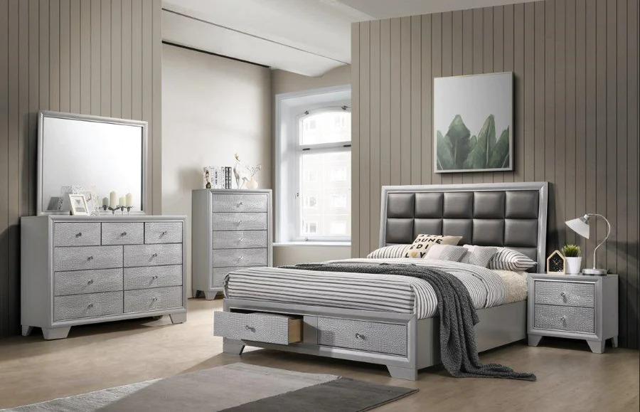 Contemporary Storage Bedroom Set B200 B200-EK-3PC in Silver Leatherette