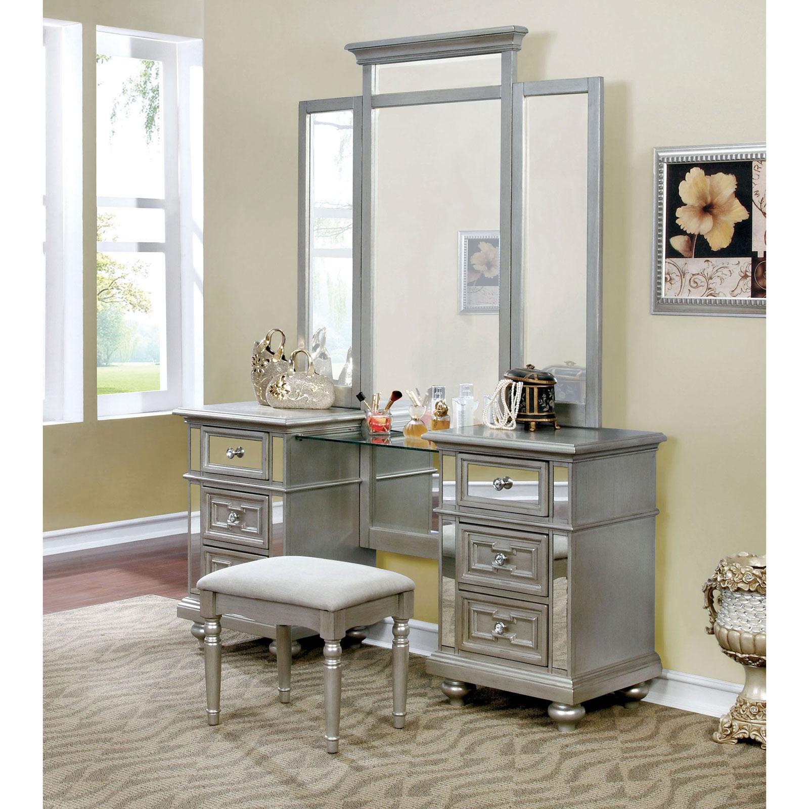 

    
Glam Silver Wood Vanity w/Stool SALAMANCA CM7673V Furniture of America
