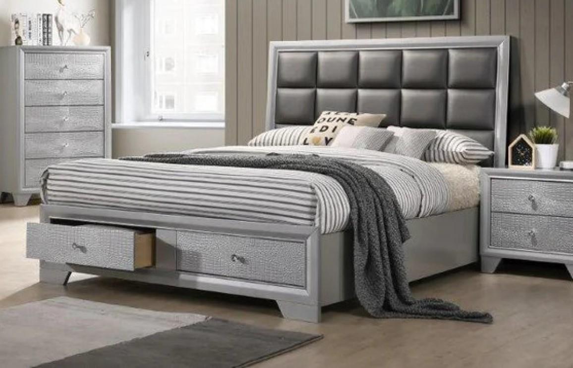 Contemporary Storage Bed B200 B200-Q in Silver Leatherette