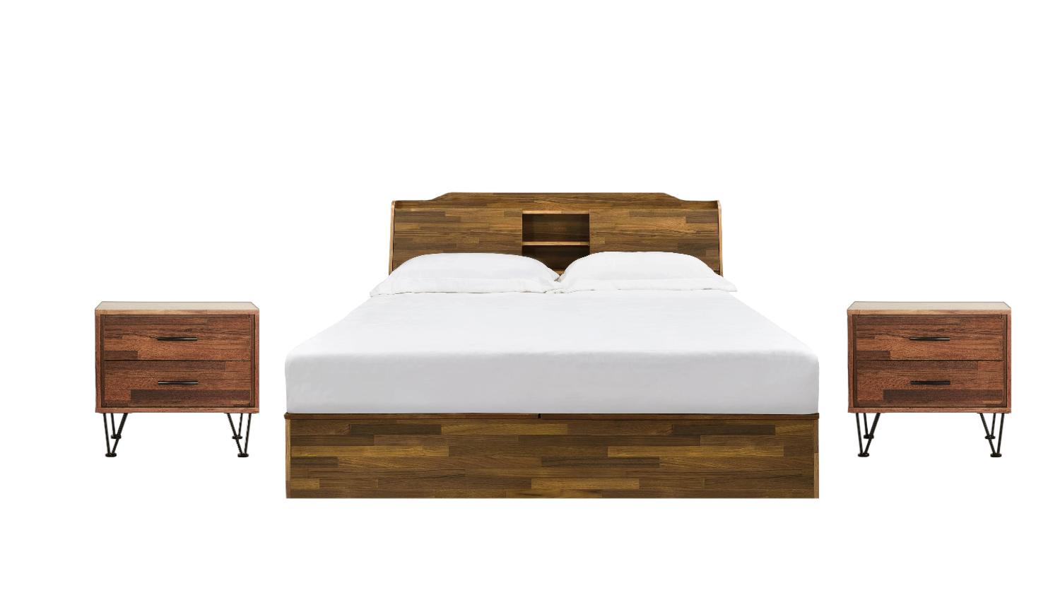 Contemporary Bed and 2 Nightstands Set Hestia BD00542Q-3pcs in Walnut 
