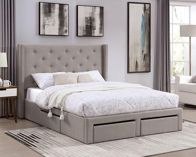 

    
Contemporary Warm Gray Faux Linen Upholstery Queen Storage Bed Furniture of America FOA7242GY Mitchelle
