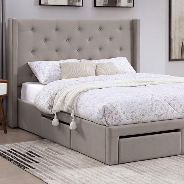 

    
Contemporary Warm Gray Faux Linen Upholstery Queen Storage Bed Furniture of America FOA7242GY Mitchelle
