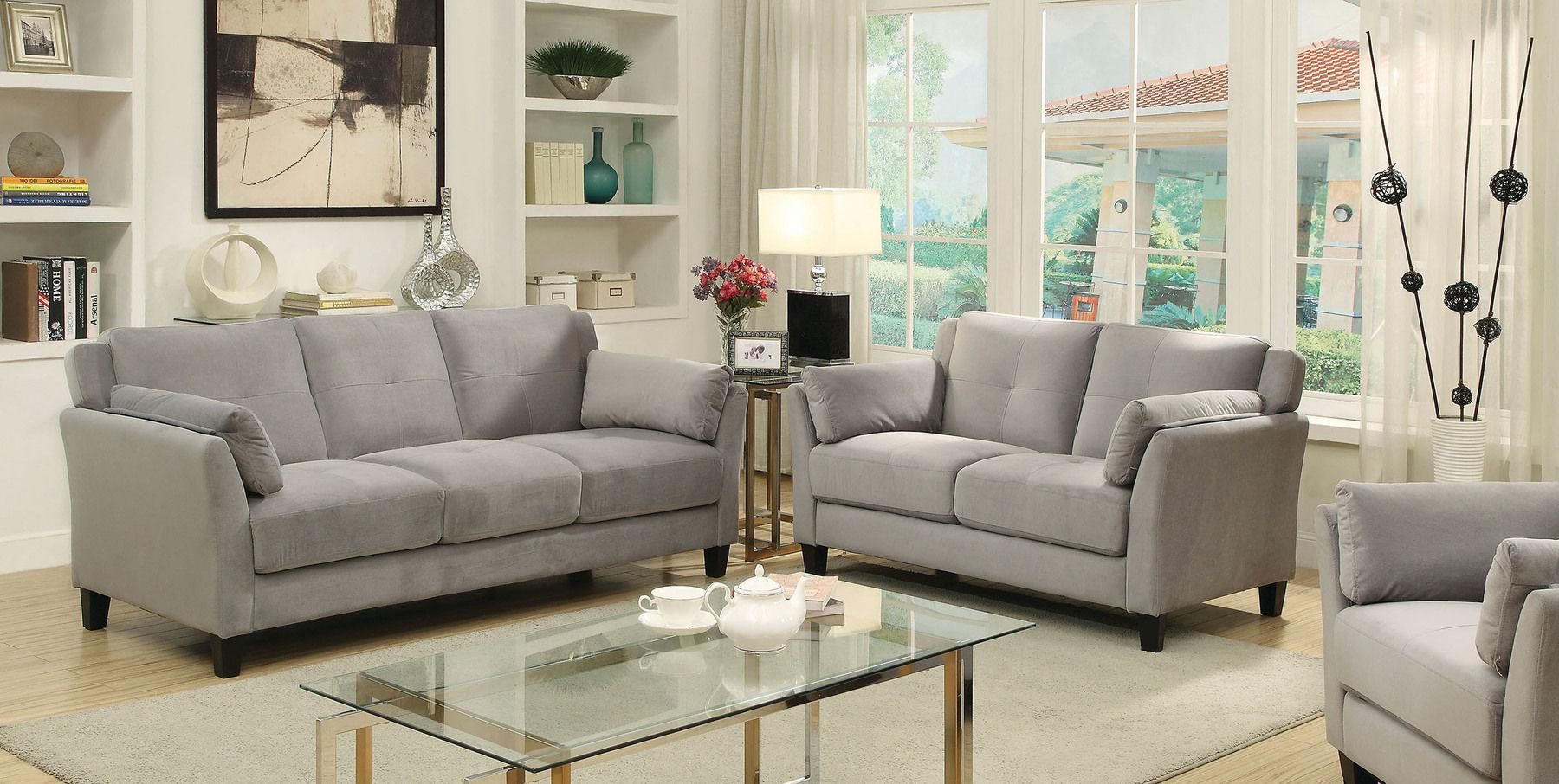 

    
Contemporary Warm Gray Flannelette Living Room Set 3pcs Furniture of America Ysabel
