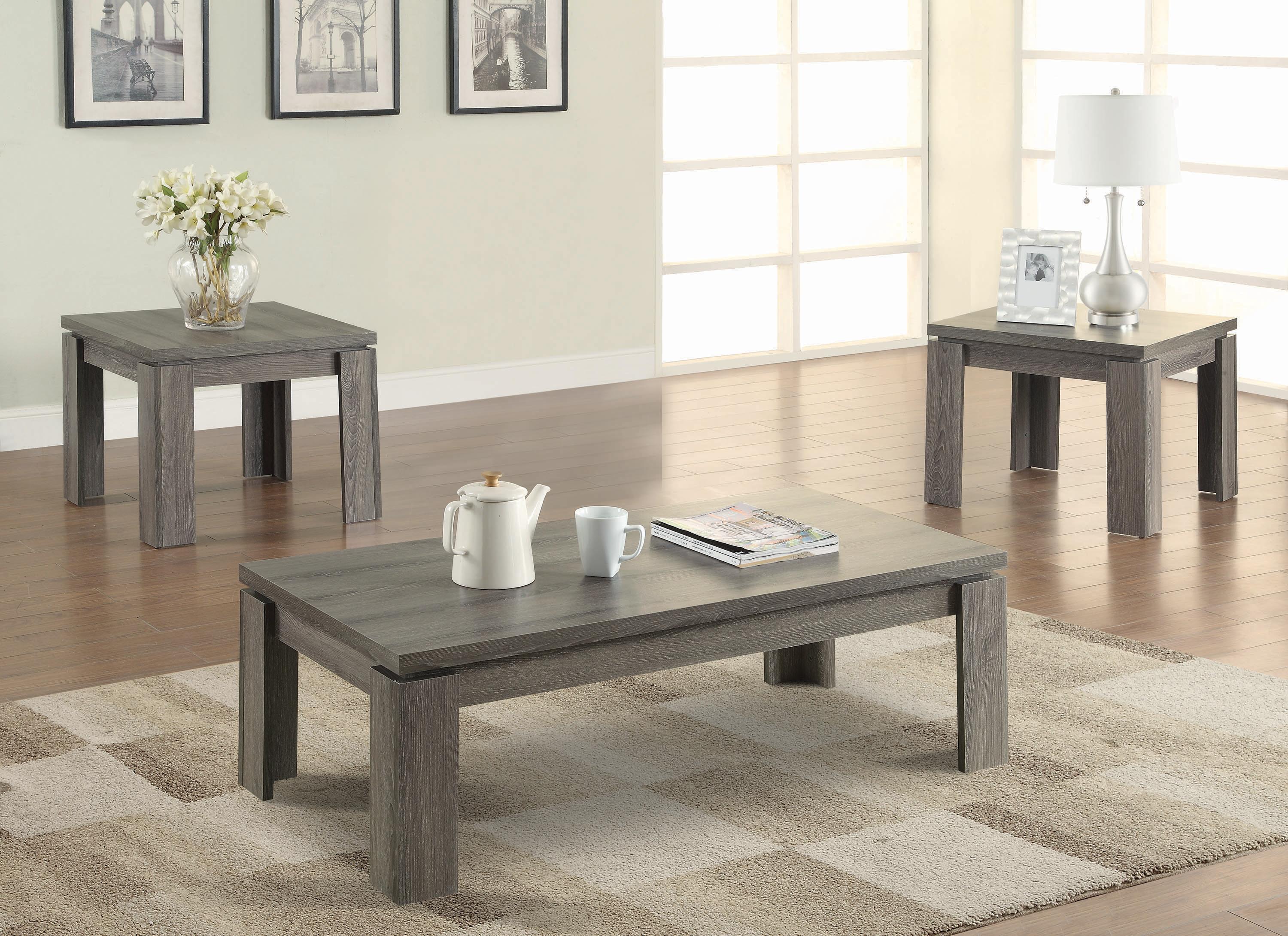 

    
Contemporary Weathered Gray Wood Coffee Table Set 3pcs Coaster 701686
