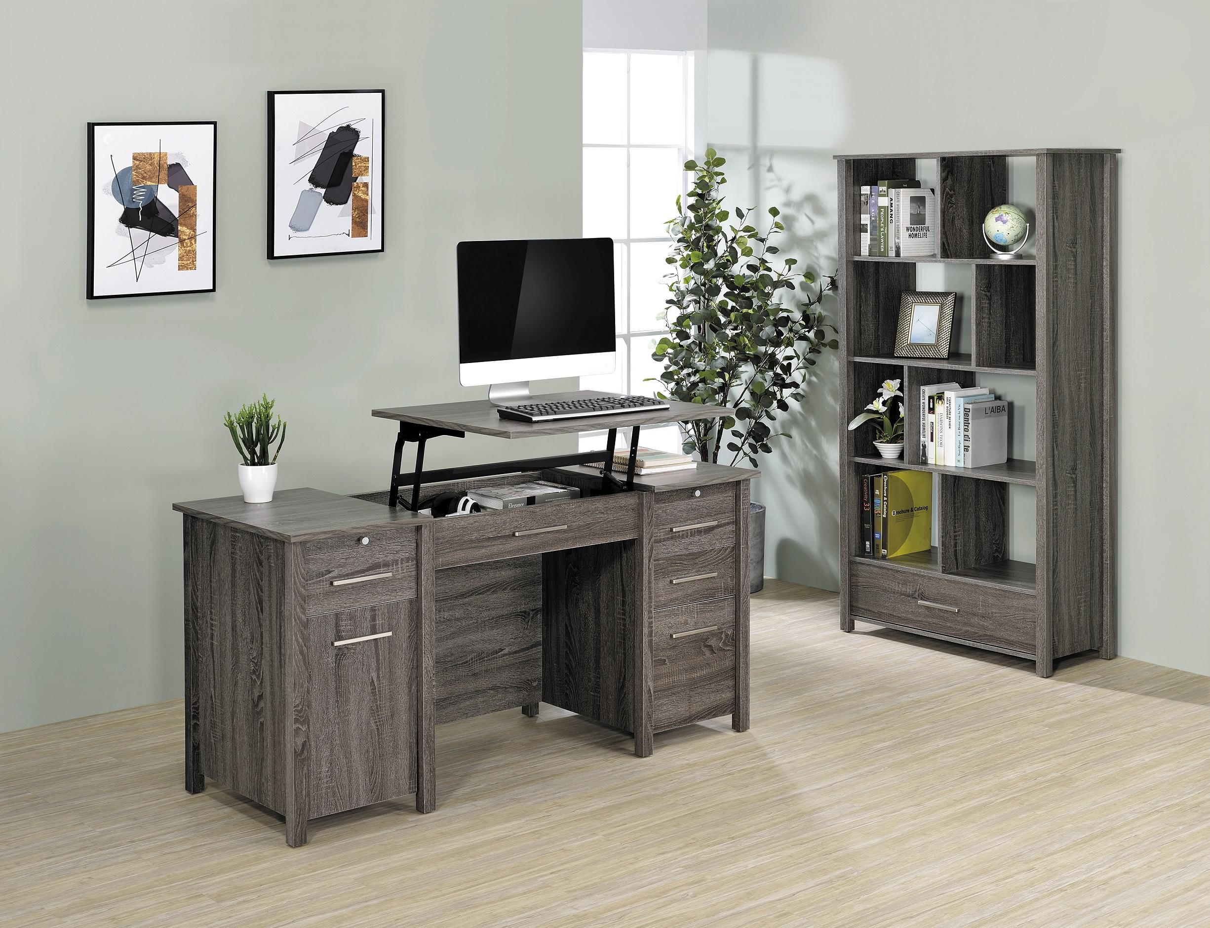 

    
 Photo  Contemporary Weathered Gray Wood Lift Top Office Desk Coaster 801576 Dylan
