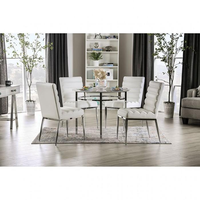 

    
Contemporary White & Chrome Faux Marble Dining Room Set 5pcs Furniture of America Serena
