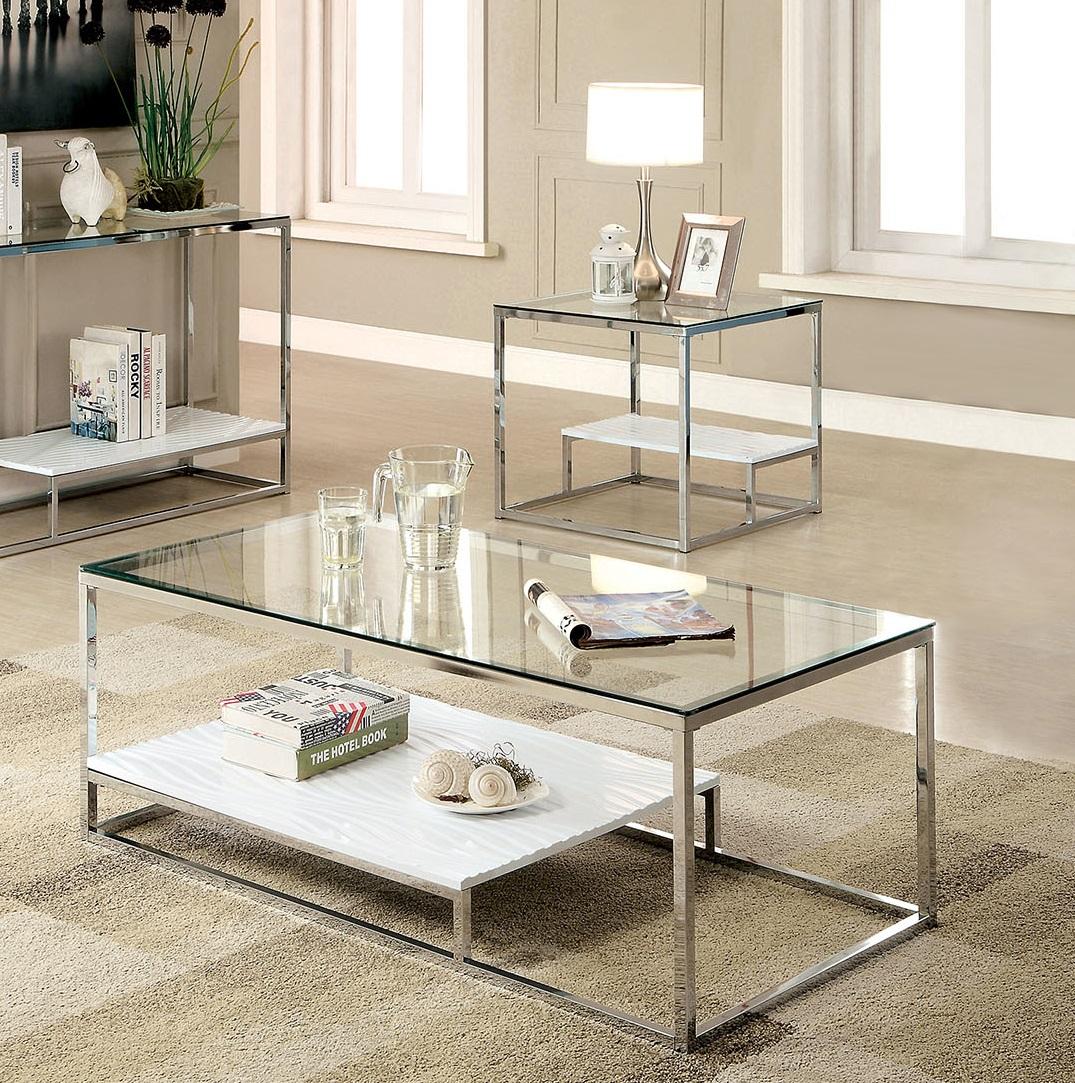 

    
Contemporary White & Chrome Tempered Glass Coffee Table Furniture of America CM4231WH-C Vendi
