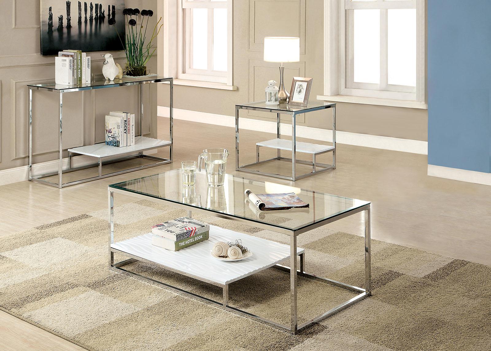 

    
Contemporary White & Chrome Tempered Glass Coffee Table Furniture of America CM4231WH-C Vendi

