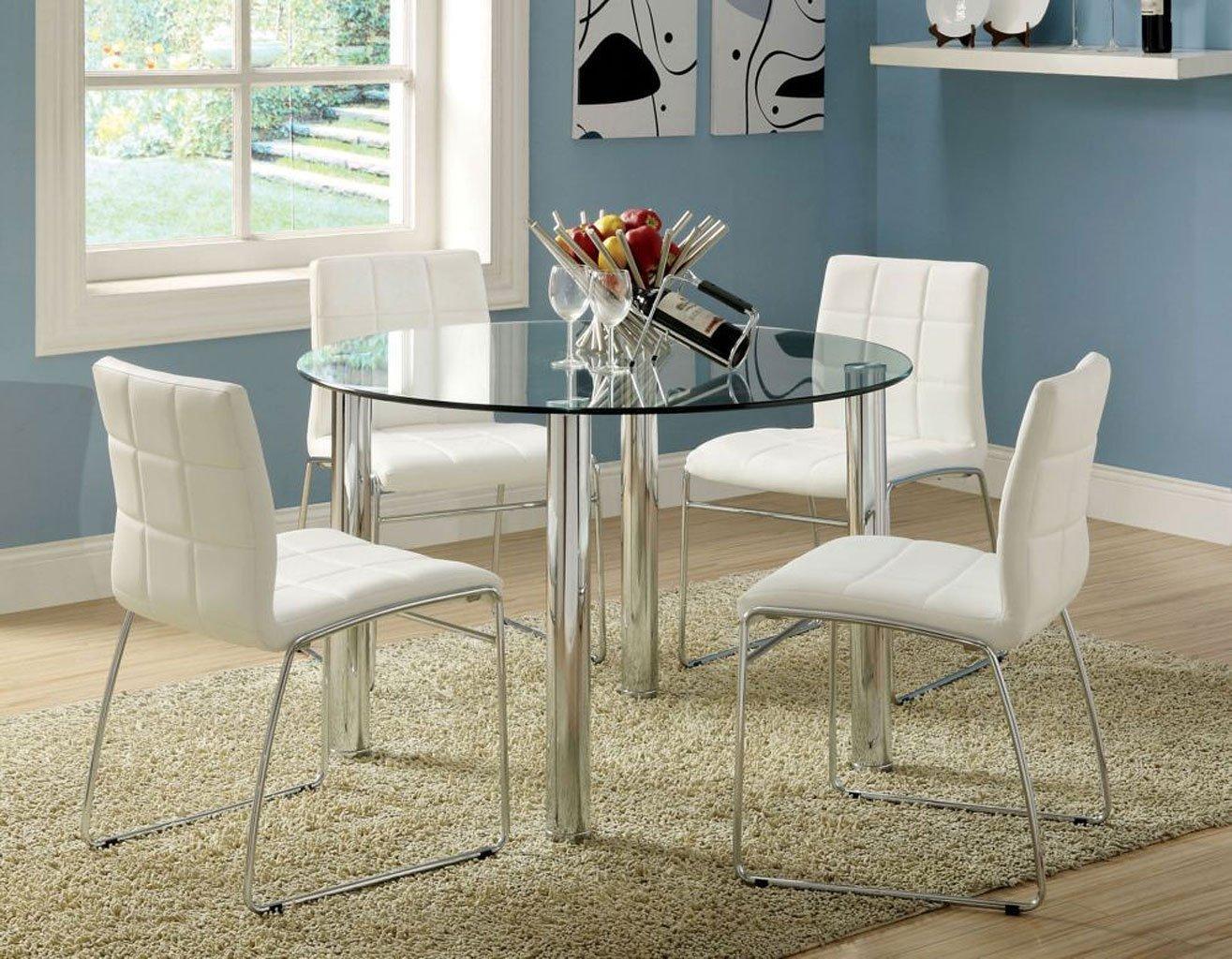 

    
Contemporary White & Chrome Tempered Glass Dining Room Set 5pcs Furniture of America Kona
