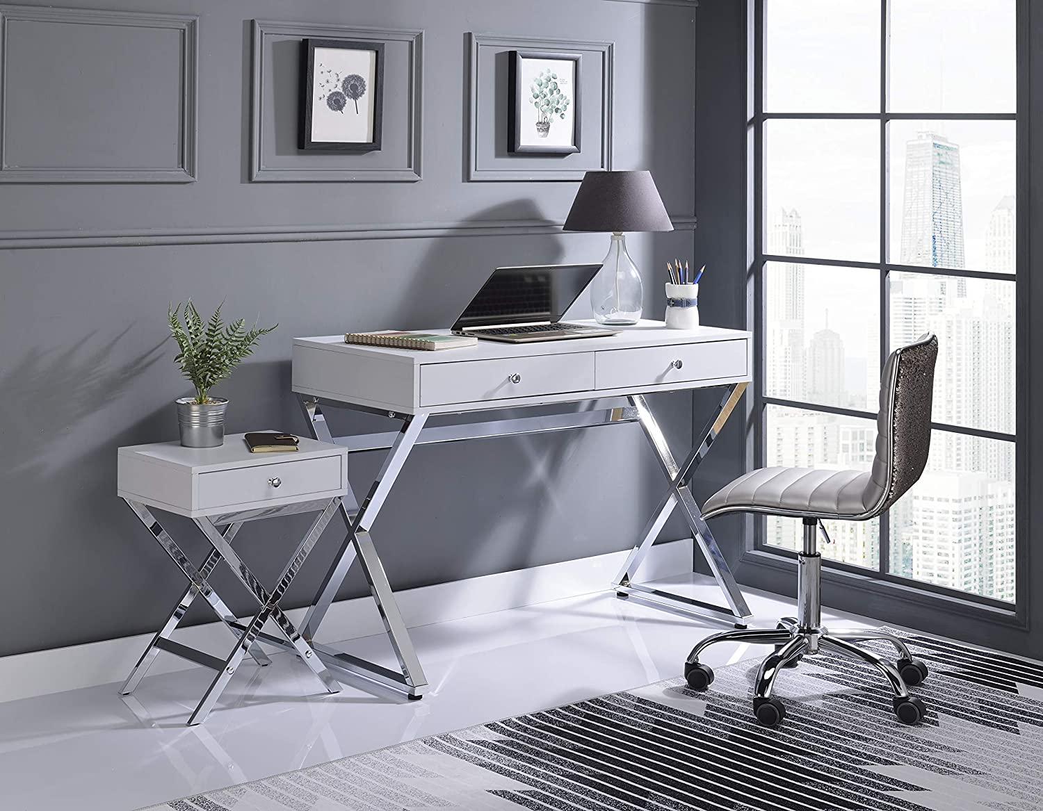 

    
Contemporary White & Chrome Writing Desk WITH USB + End Table by Acme 93060-2pcs Coleen
