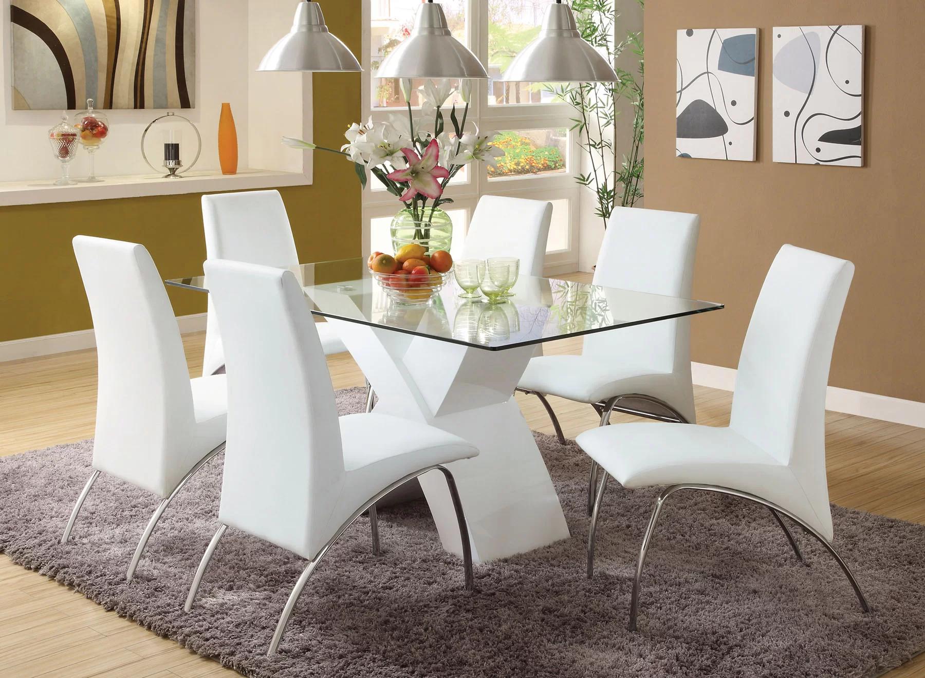 

    
Contemporary White & Clear Glass Dining Table + 6x Chairs by Acme Pervis 71105-7pcs
