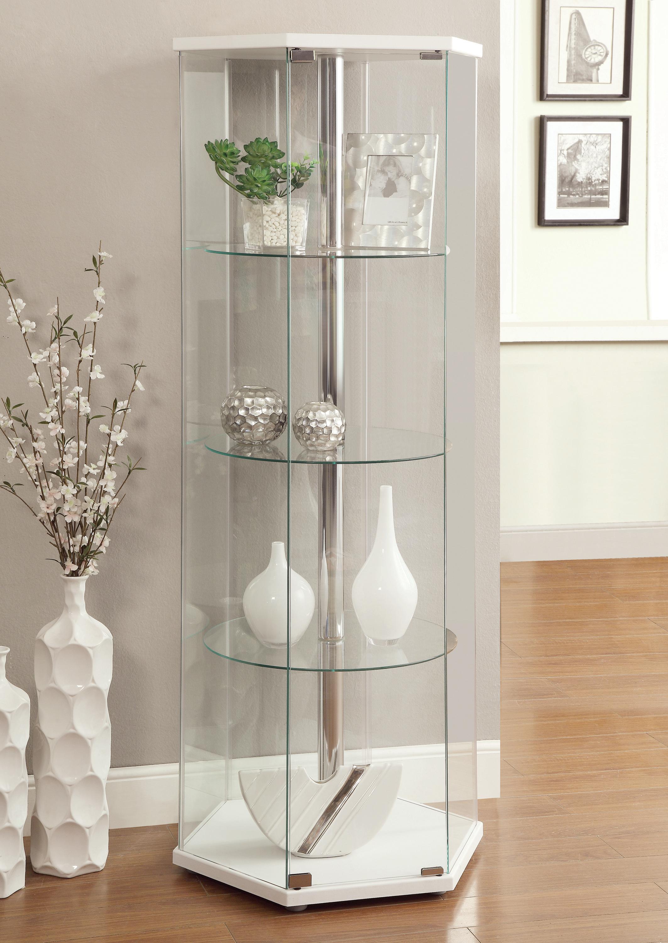

    
Contemporary White & Clear Tempered Glass Curio Cabinet Coaster 950001

