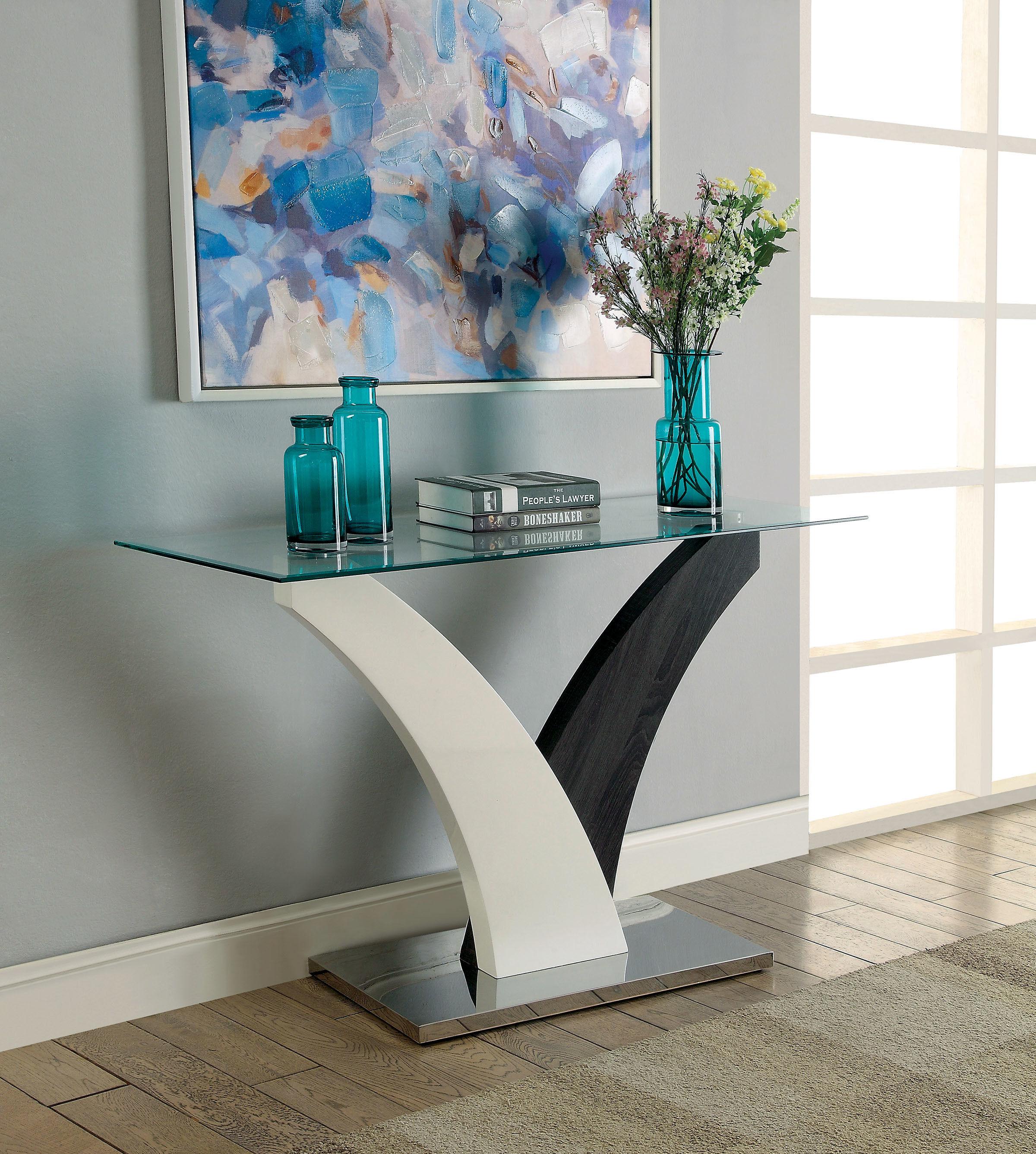 

    
CM4244-3PC White & Dark Gray Tempered Glass Coffee Table Set 3pcs w/Sofa Table Furniture of America Sloane
