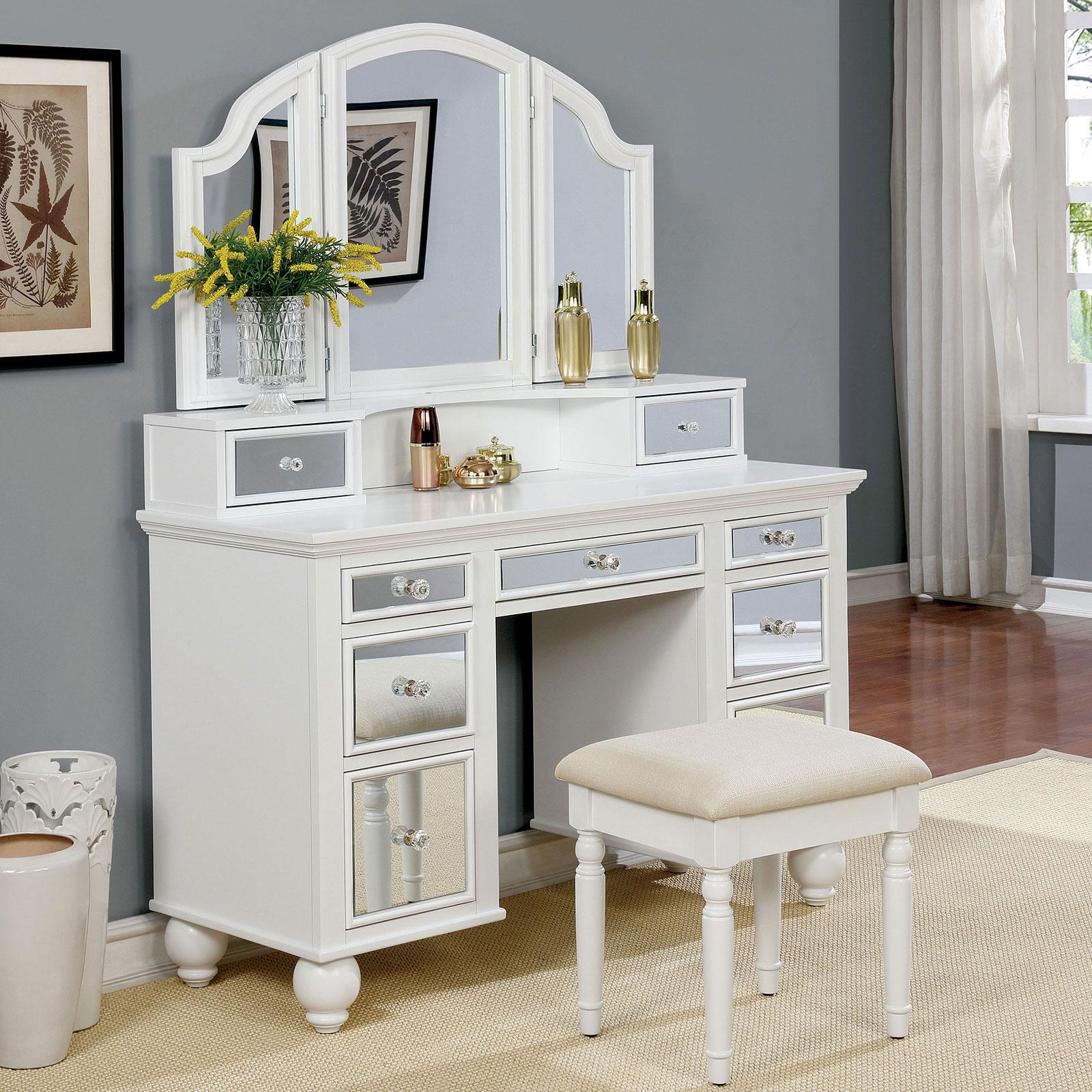 

    
White Mirror & Solid Wood VANITY W/ STOOL TRACY CM-DK6162WH FoA Glam
