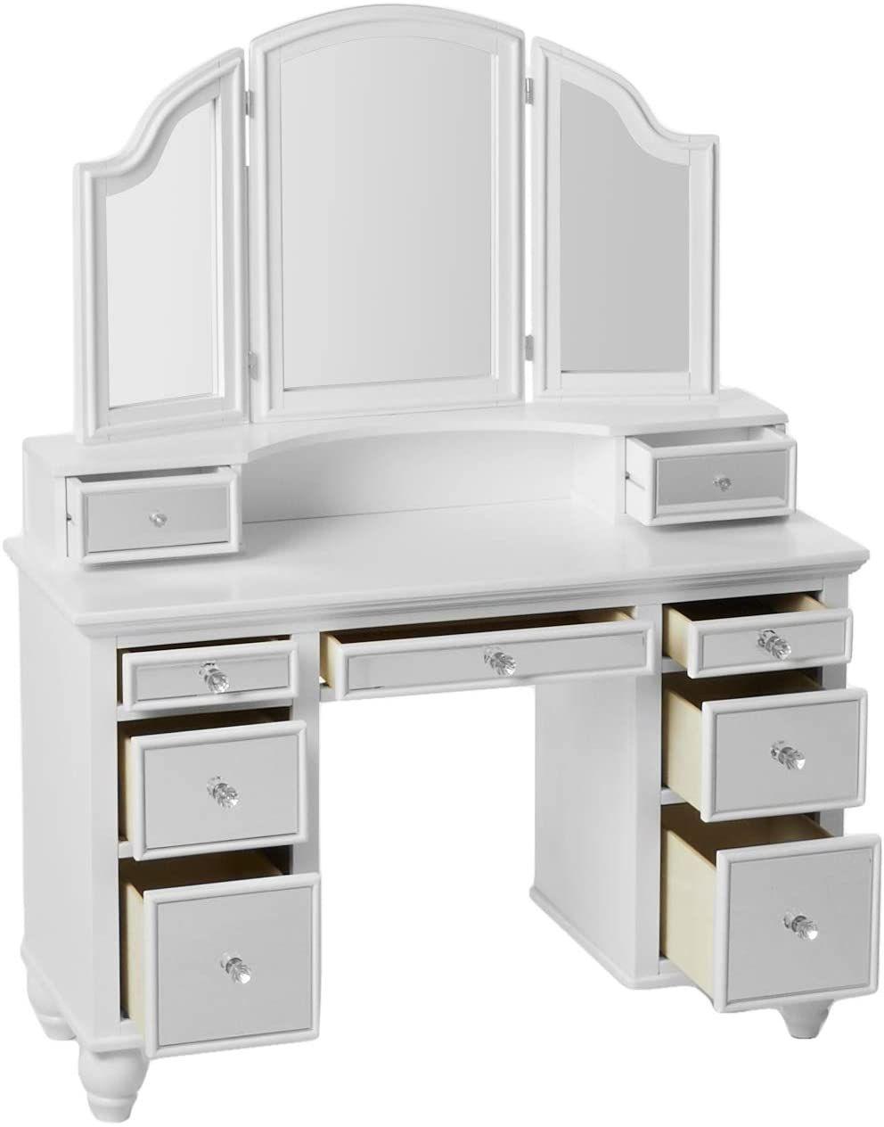 

    
White Mirror & Solid Wood VANITY W/ STOOL TRACY CM-DK6162WH FoA Glam
