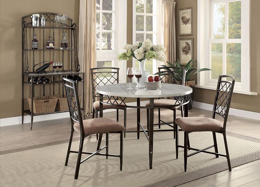 

    
Contemporary White Faux Marble & Antique Dining Room Set by Acme Aldric 73000-6pcs
