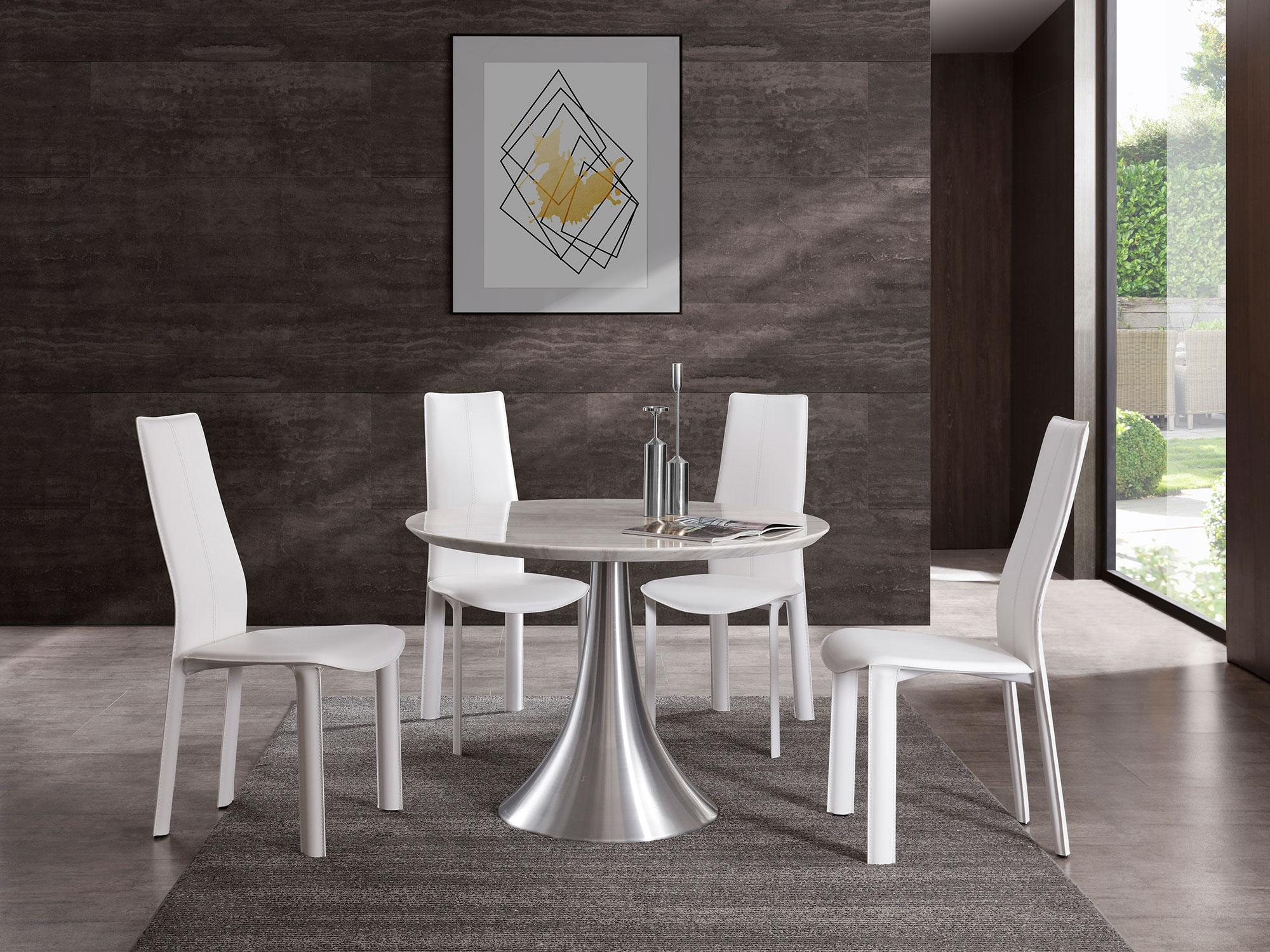 

    
Contemporary White Faux Marble Dining Room Set 5pcs WhiteLine DT1469-WHT Flow
