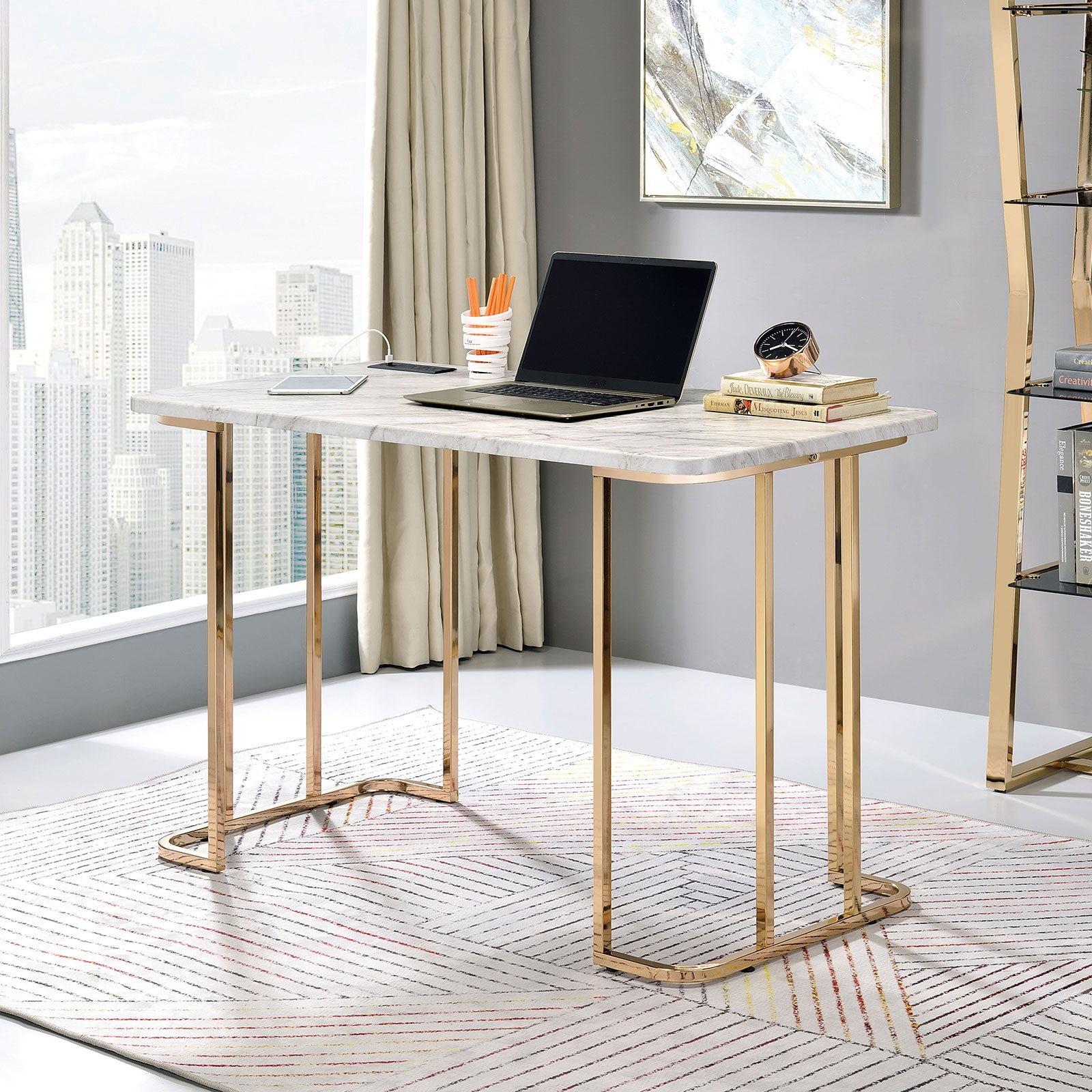 

    
Contemporary White & Gold Faux Marble Home Office Desk Furniture of America CM-DK919WH Delphine
