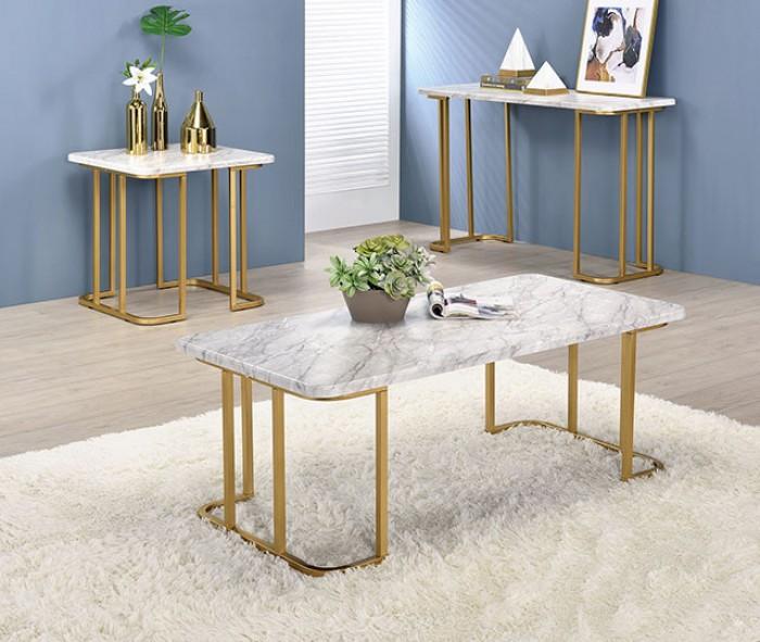 

    
Contemporary White & Gold Faux Marble Top Coffee Table Set 3pcs Furniture of America Calista
