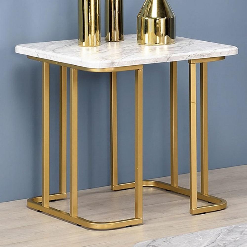 

    
Contemporary White & Gold Faux Marble Top End Table Furniture of America CM4564WH-E Calista
