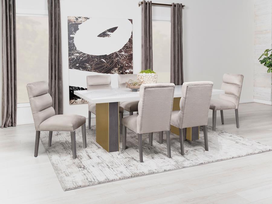 

    
Contemporary White/Gold Wood Dining Table Coaster Carla 106651
