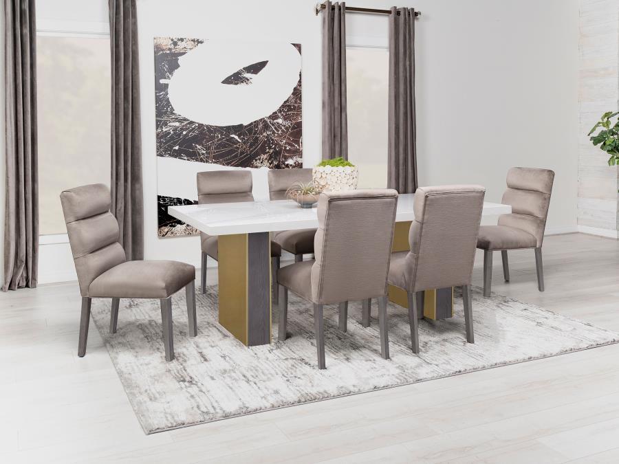 

    
Contemporary White/Gold Wood Dining Table Set 7PCS Coaster Carla 106651
