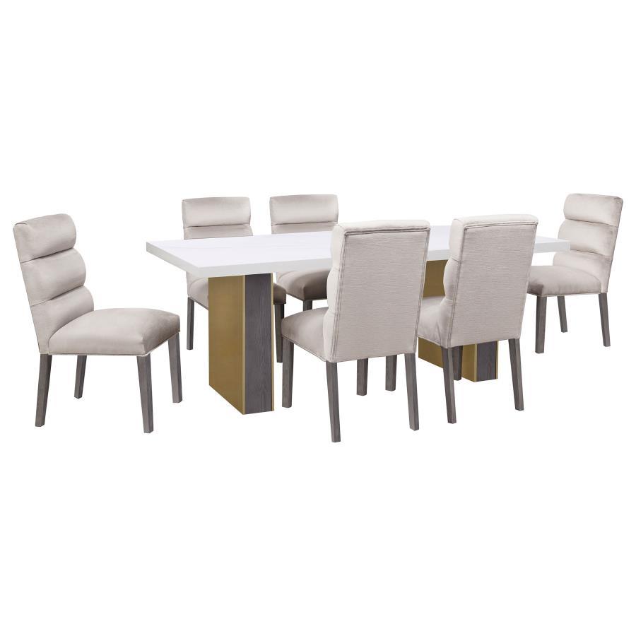 

    
Contemporary White/Gold Wood Dining Table Set 7PCS Coaster Carla 106651
