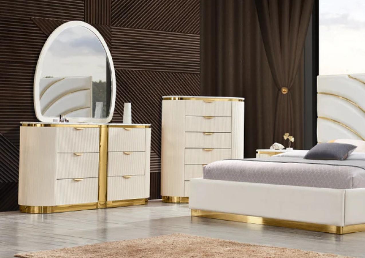 Modern Dresser With Mirror B1001 B1001-D-2PC in Cream, Gold 