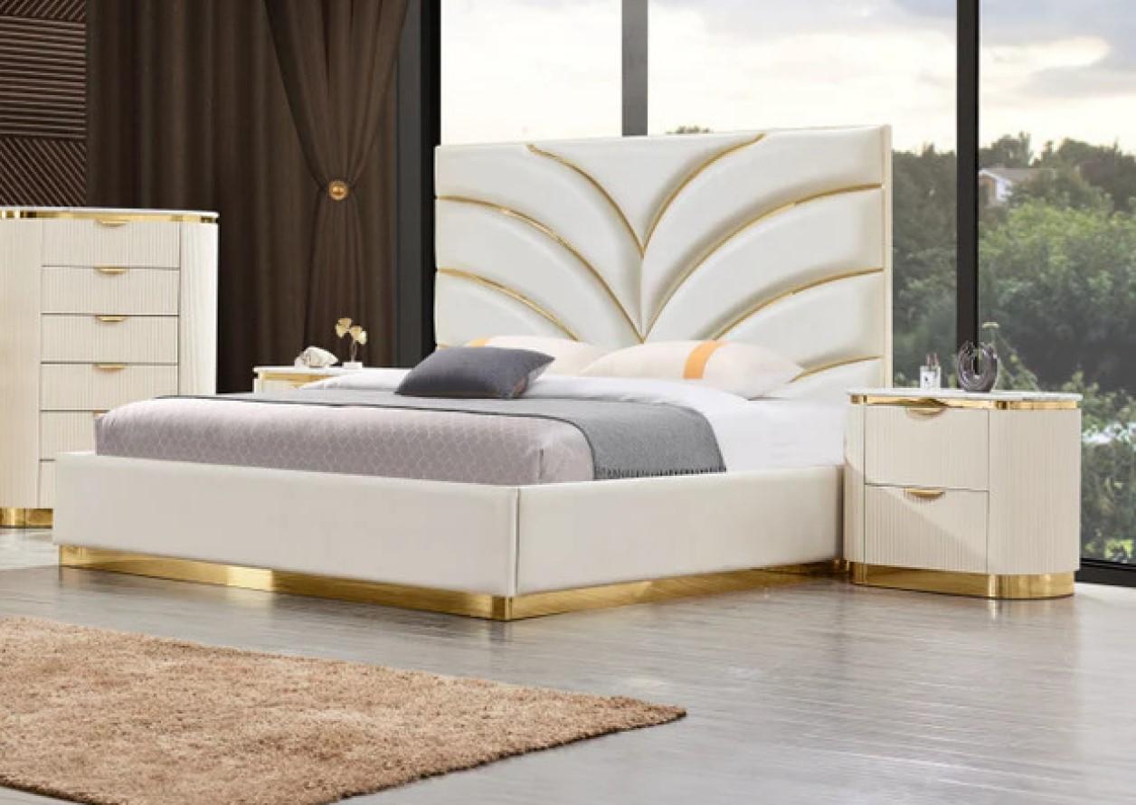 Contemporary Platform Bedroom Set B1001 B1001-EK-3PC in Cream, Gold Bonded Leather