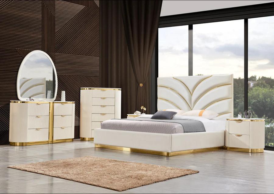 Contemporary Platform Bedroom Set B1001 B1001-Q-5PC in Cream, Gold Bonded Leather