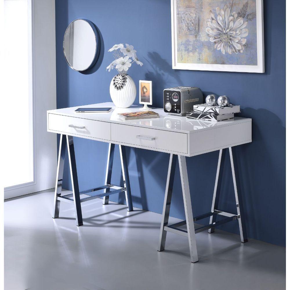 

    
Contemporary White High Gloss & Chrome Writing Desk WITHOUT USB by Acme 92229 Coleen
