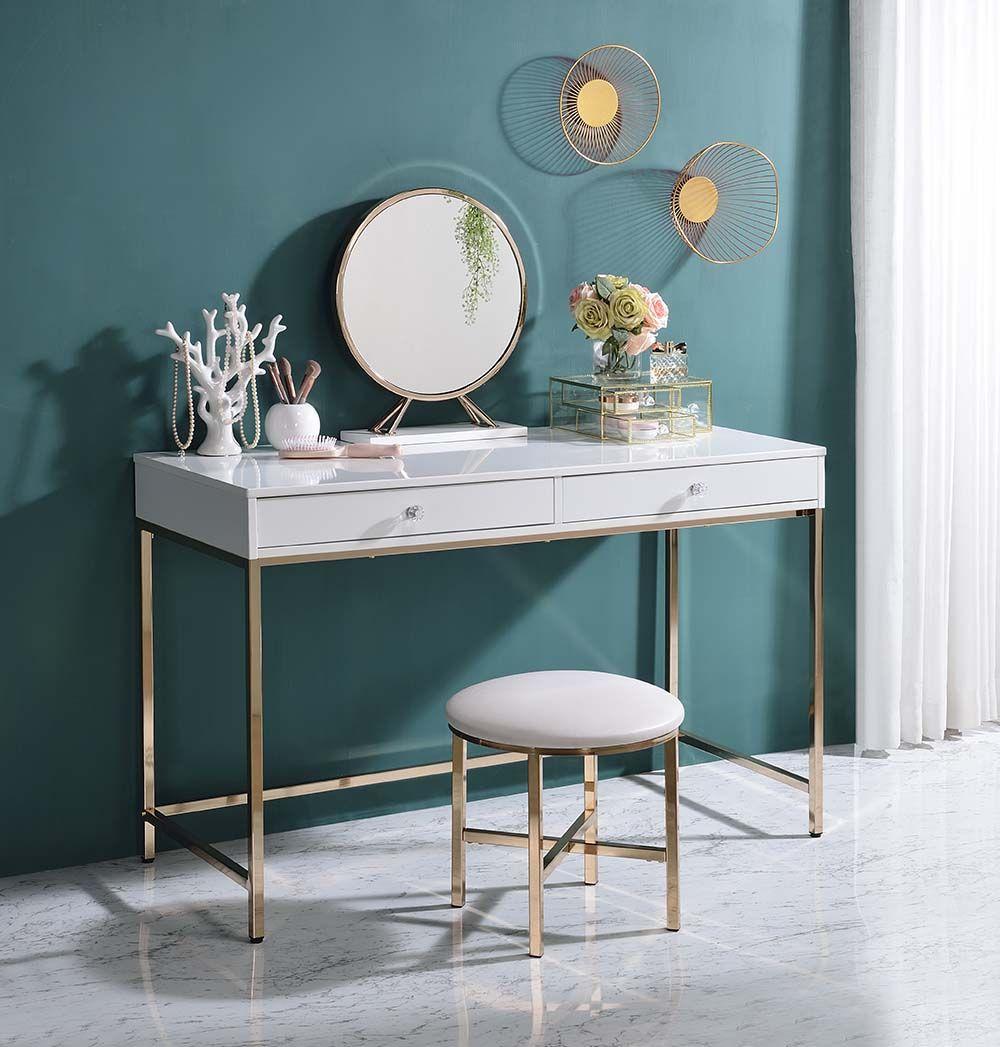 

    
Contemporary White High Gloss & Gold Vanity Table by Acme AC00899 Ottey
