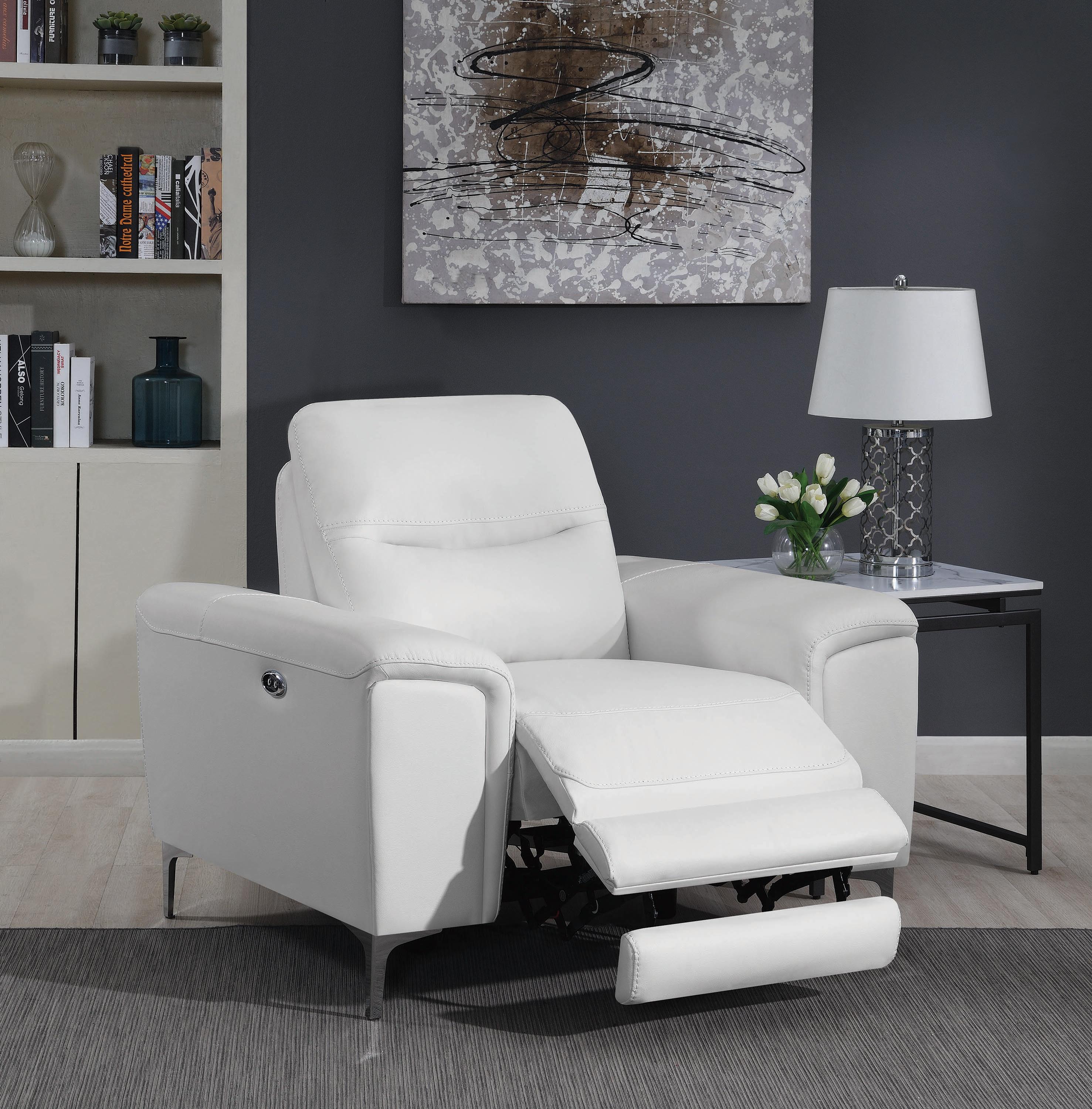 

    
 Order  Contemporary White Leather Power Recliner Coaster 603396P Largo
