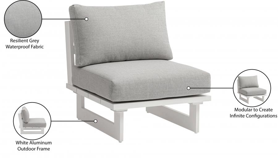 

    
 Order  Contemporary White/Light Grey Aluminium Modular Armless Accent Chair Meridian Furniture Maldives 337Grey-Armless
