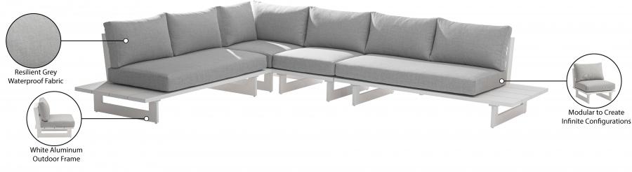 

    
 Photo  Contemporary White/Light Grey Aluminium Patio Modular Sectional Sec1A Meridian Furniture Maldives 337Grey-Sec1A
