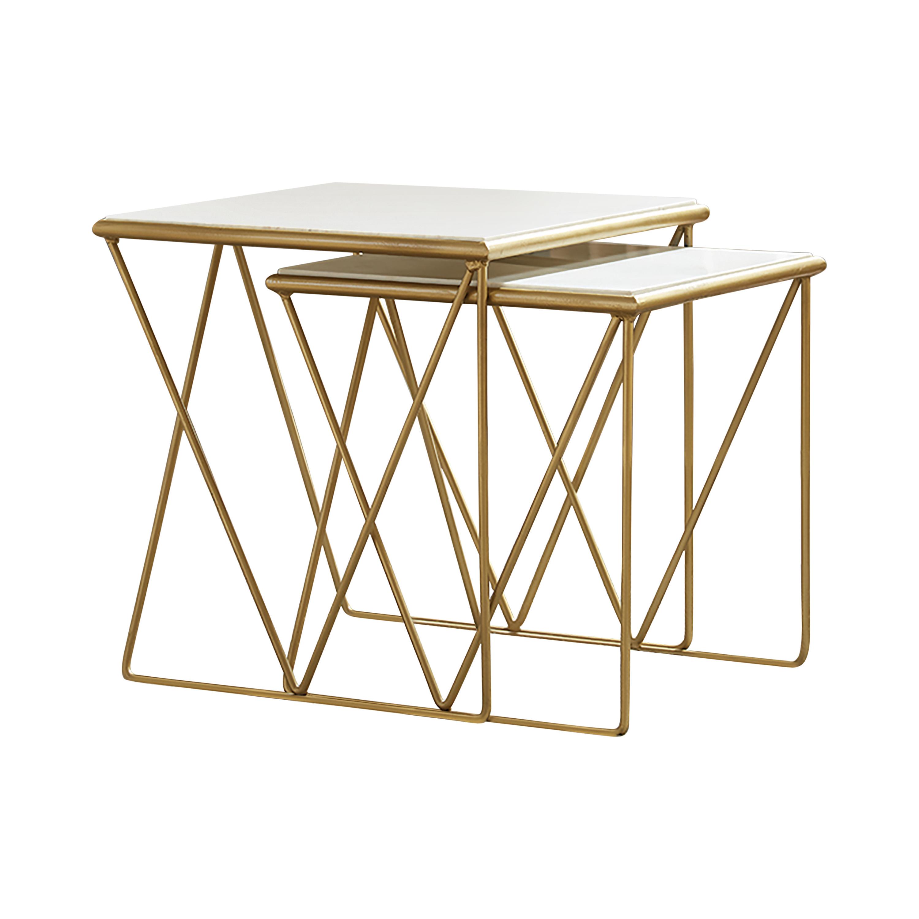 

    
Contemporary White Marble & Gold Metal Nesting Tables Set 2pcs Coaster 930075
