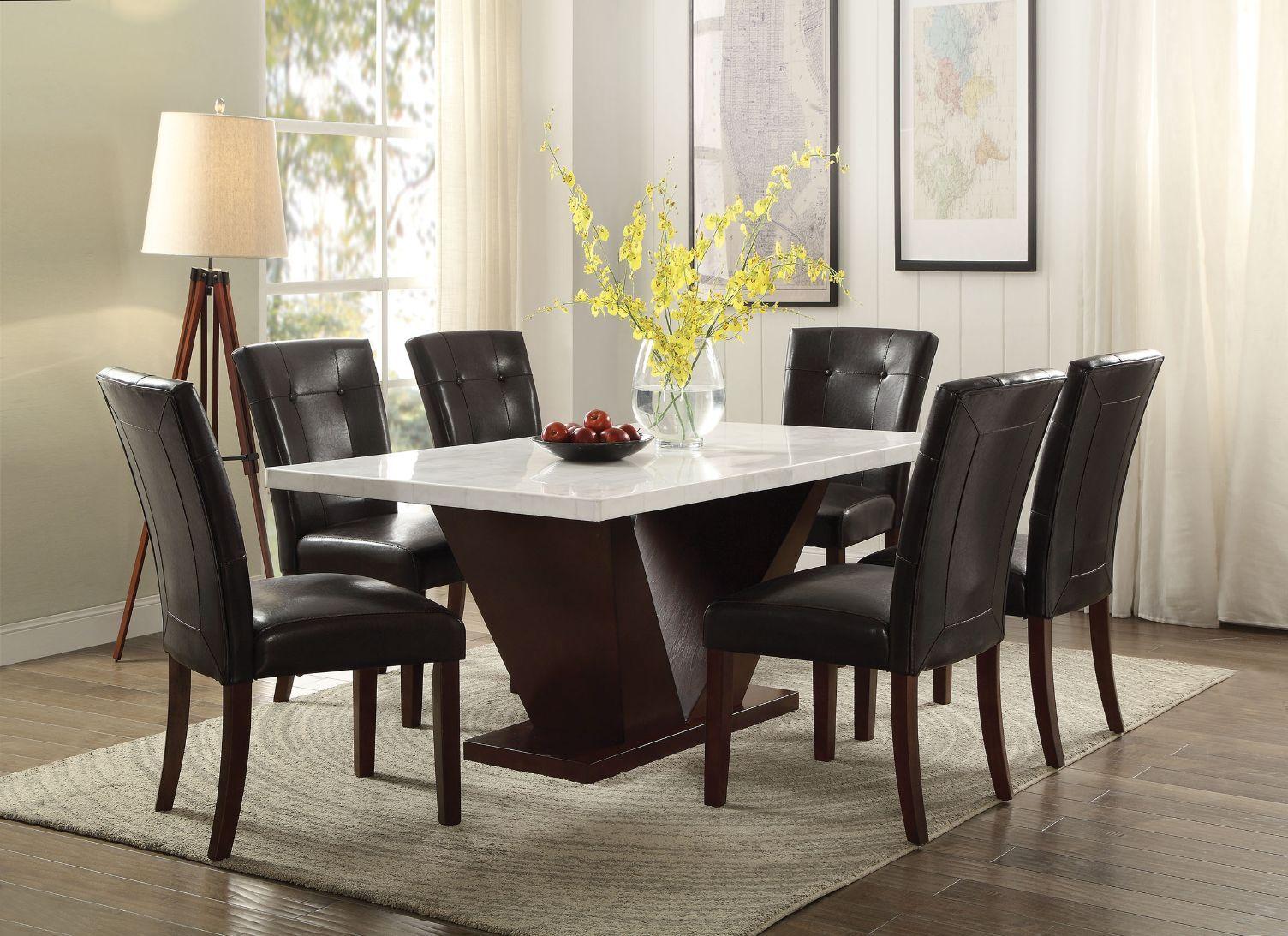 Contemporary Dining Table and 6 Chair Set Forbes 72120-7pcs in Walnut Marble