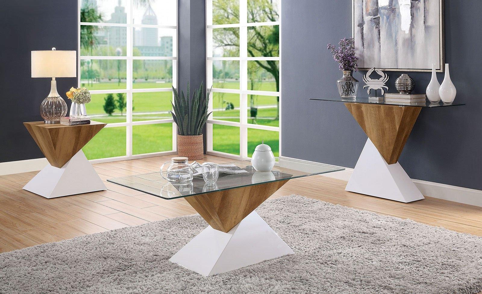

    
Contemporary White & Natural Tempered Glass Top Coffee Table Furniture of America FOA4746C Bima
