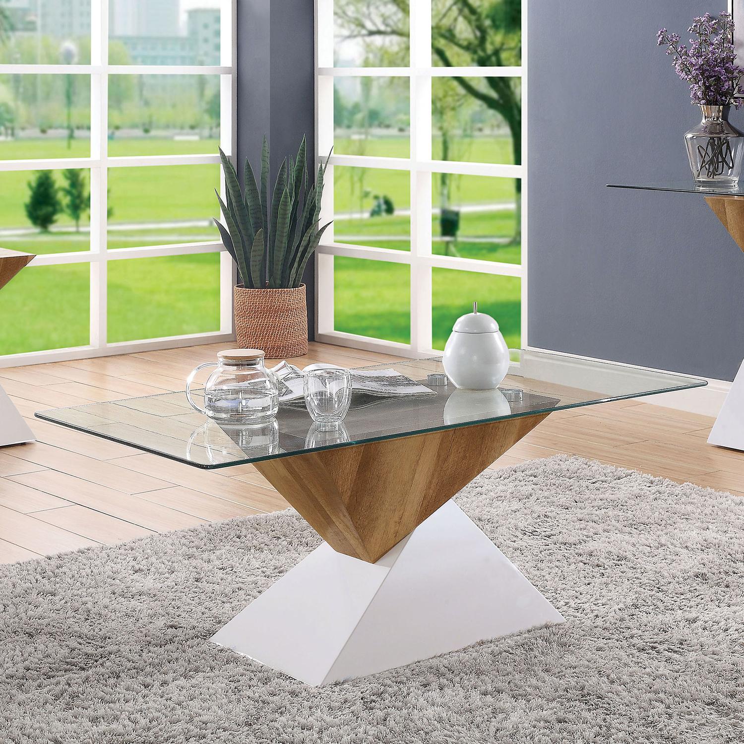 

    
Contemporary White & Natural Tempered Glass Top Coffee Table Set 3pcs Furniture of America Bima
