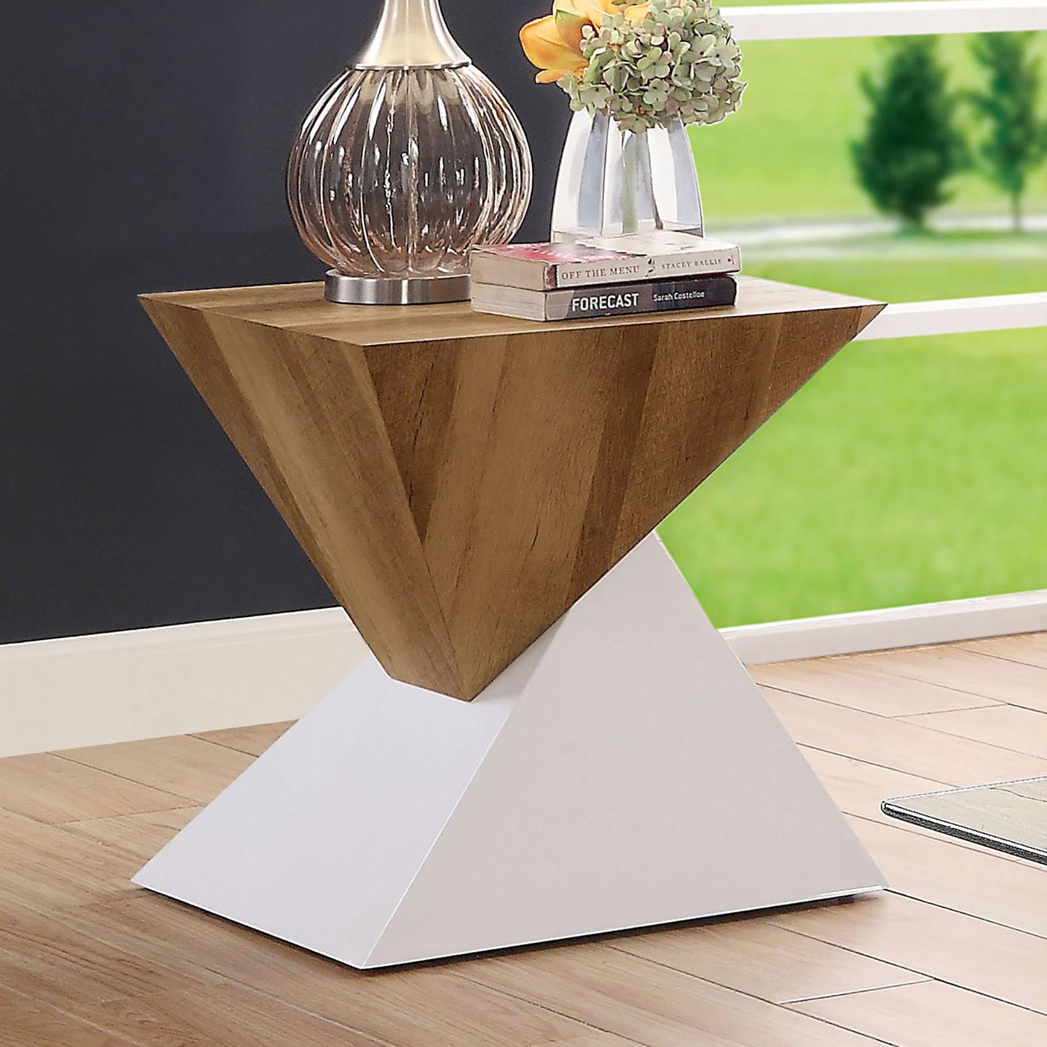 

    
Contemporary White & Natural Tempered Glass Top End Table Furniture of America FOA4746E Bima
