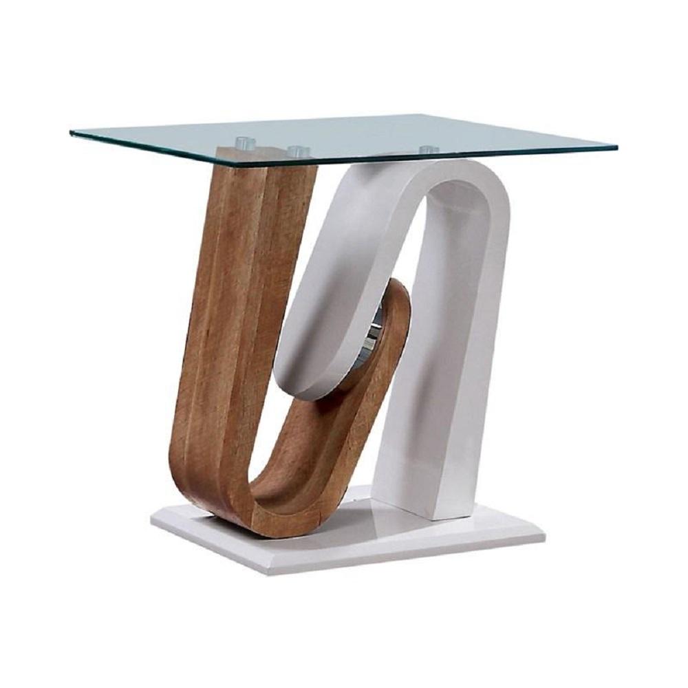 

    
Contemporary White & Natural Tempered Glass Top End Table Furniture of America FOA4748E Batam
