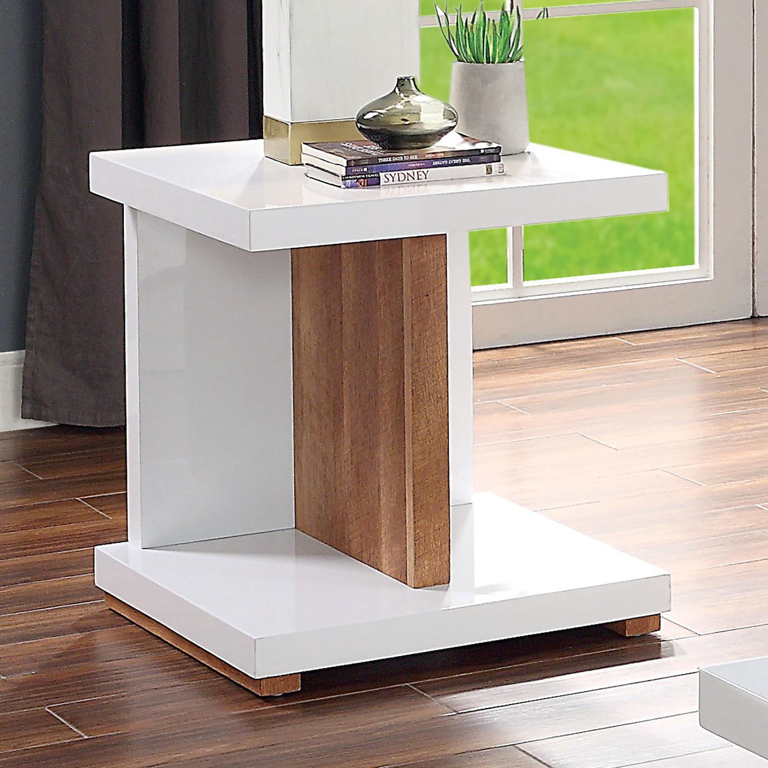 

    
Contemporary White & Natural Tone Solid Wood End Table Furniture of America FOA4495E Moa

