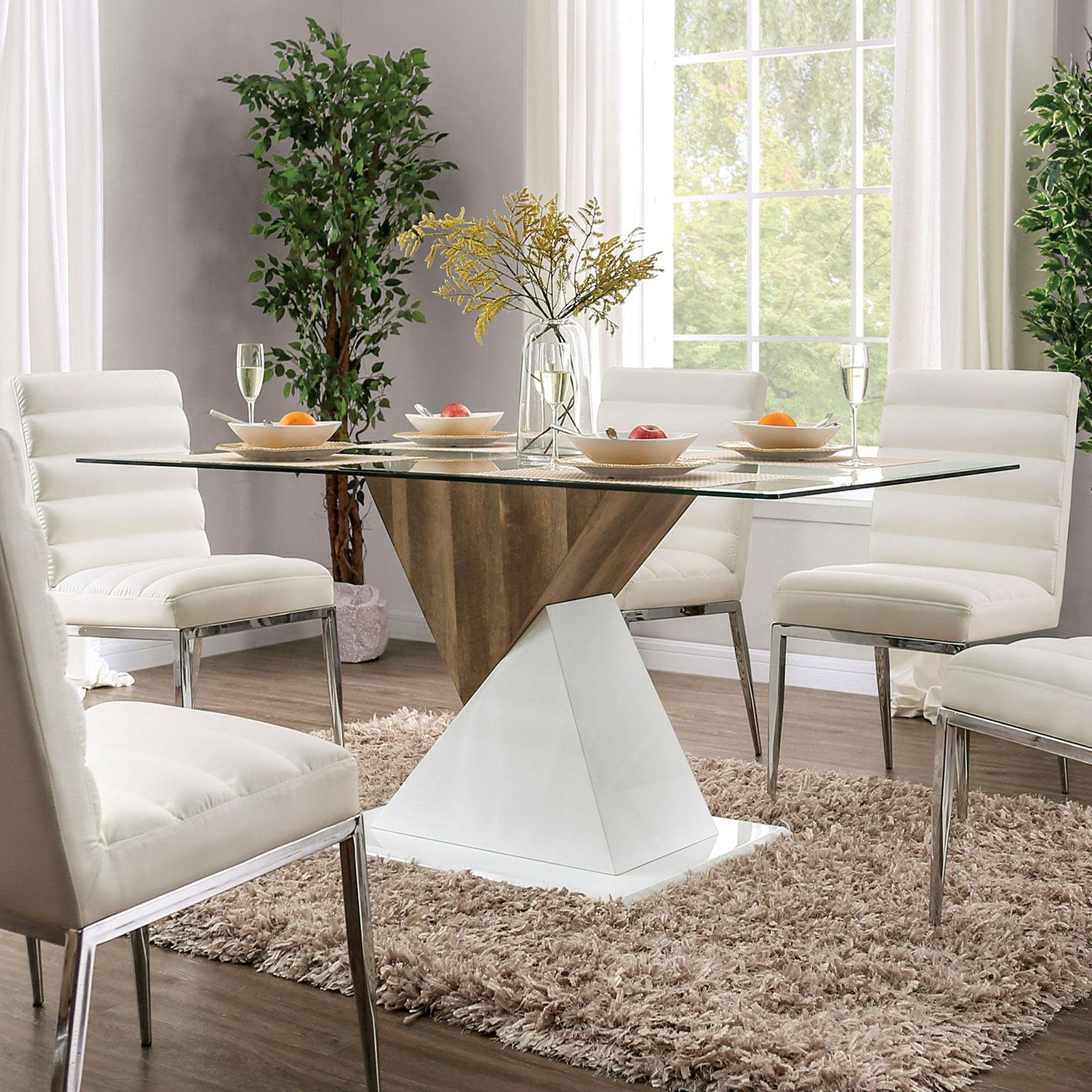 

    
Contemporary White & Natural Tone Tempered Glass Dining Table Set 5pcs Furniture of America Bima & Cilegon
