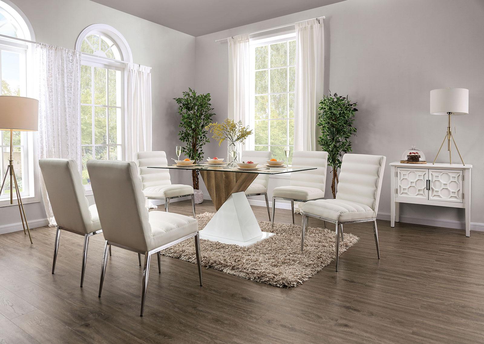 

    
Contemporary White & Natural Tone Tempered Glass Dining Table Set 7pcs Furniture of America Bima & Cilegon
