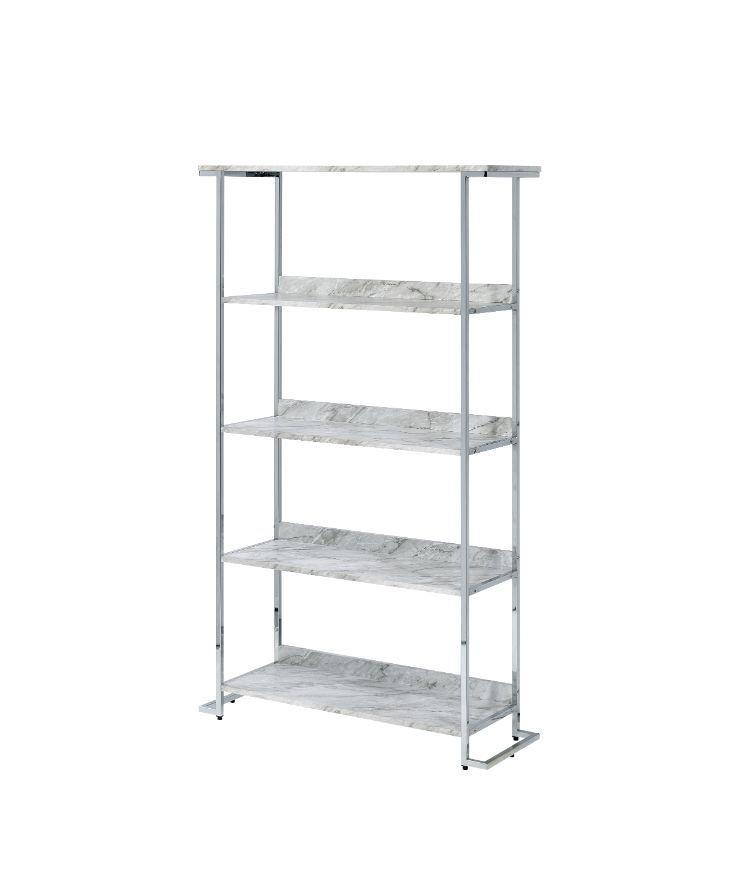 

    
Contemporary White Printed Faux Marble & Chrome Bookshelf by Acme 92937 Visage
