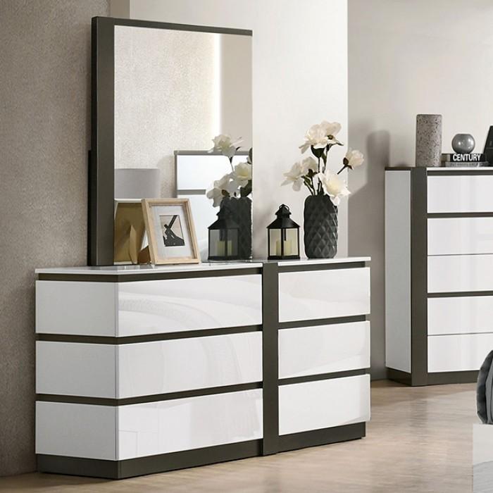 Contemporary Dresser w/Mirror FOA7225WH-D*M-2PC Birsfelden FOA7225WH-D*M-2PC in White 