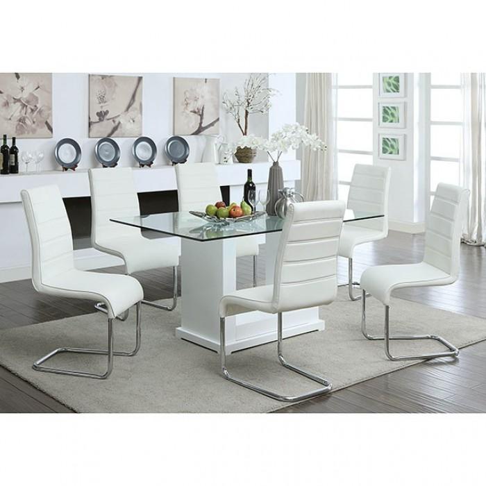 

    
Contemporary White Tempered Glass Dining Table Set 7pcs Furniture of America Eva & Mauna
