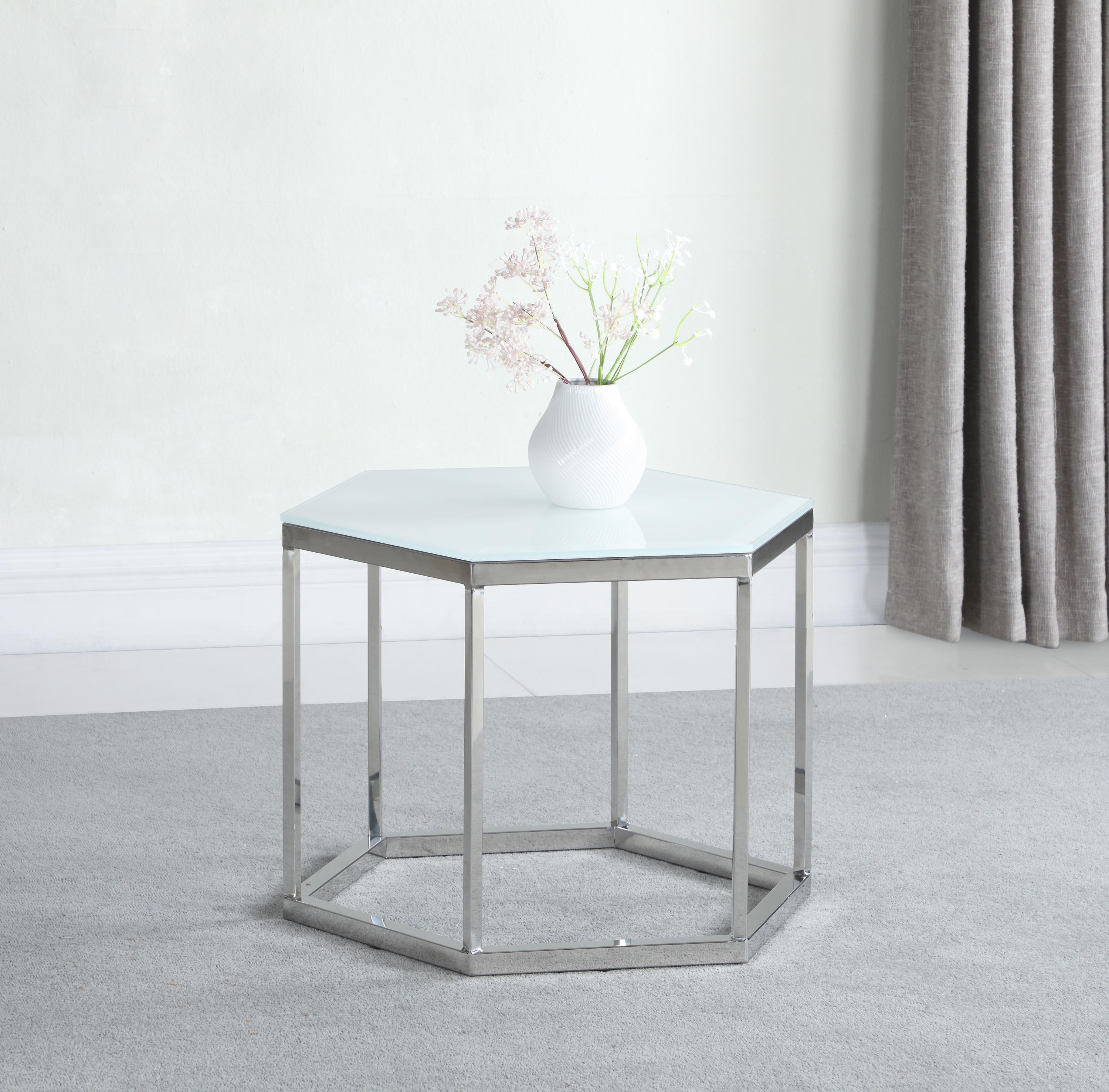 

    
Contemporary White Tempered Glass & Stainless Steel Accent Table Coaster 934149
